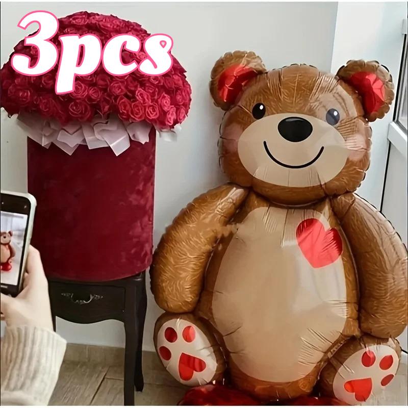 1/3pcs Large 3D Bear Aluminum Balloon, for Birthday Wedding Valentine's Day, Big Animal Theme Party Photo Background Decor