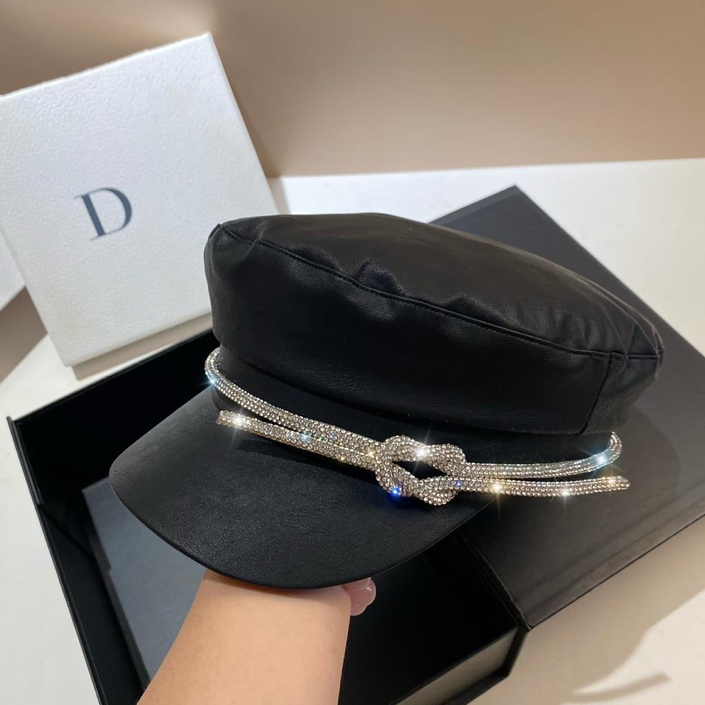 A-class Rhinestone Pipe Navy Hat, European and American Fashion Trend Brand Personalized Black Newsboy Hat Autumn Light Luxury Niche Cap