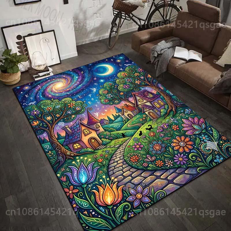 1PC Dreamy village starry path Print Carpet Rug for Living Room Bedroom Sofa Doormat Home Decor Non-slip Floor Mat