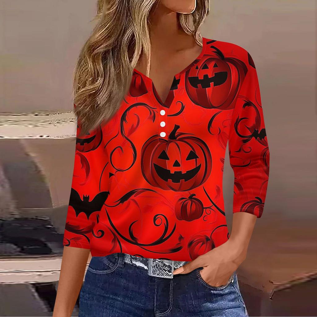 Women's Casual Fashion V-neck Loose Versatile Halloween Print Three-quarter Sleeve Top