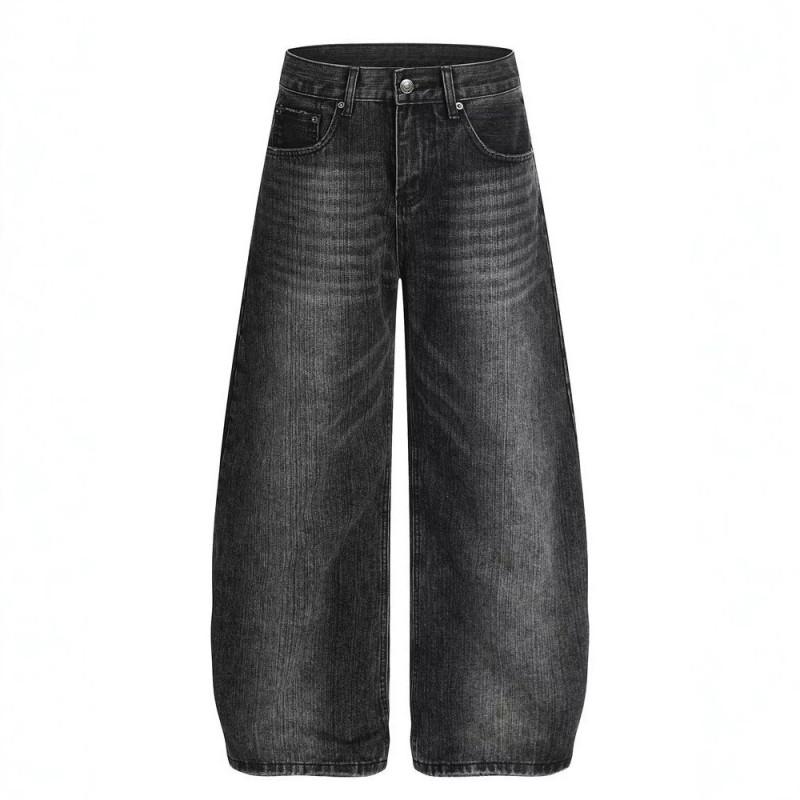 Mens Womens Washed Distressed Slub Denim Straight Leg Jeans Casual Loose Fit Wide Pants