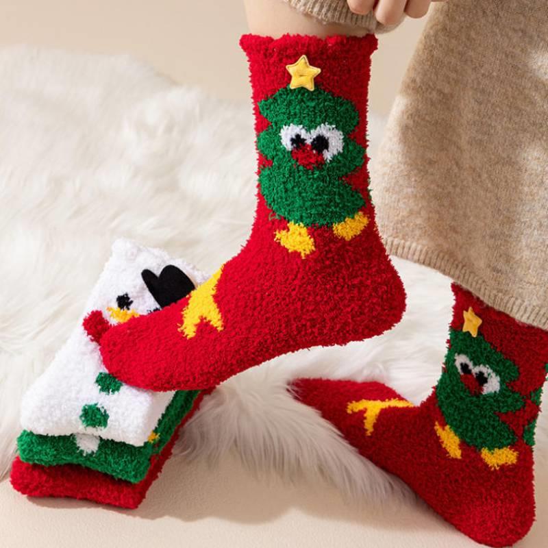 Winter Coral Velvet Christmas Socks Women's Soft Thickened Warm Cartoon Cute Santa Claus Kids Christmas Gift Floor Sleep Socks