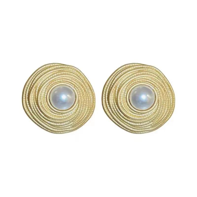 Vintage Fashion Entangle Geometry Round Pearl Stud Earrings for Women Temperament Gold Color Stainless Steel Exquisite Jewelry