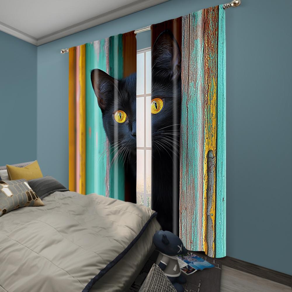 2pc,  Drapes Black Cat Versatile 100% Polyester,Without Electricity Versatile Applies To Living Room, Outdoor Decor