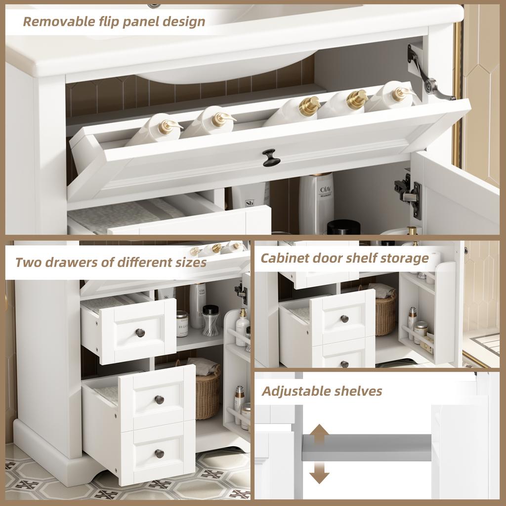 76X46x87cm freestanding bathroom washstand, moisture-resistant coating, adjustable storage space in cabinet and integrated ceramic washbasin, white.