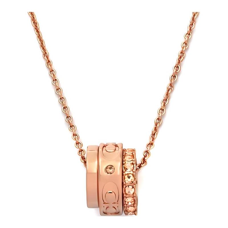 Coach Signature Three Rings Kissing C Series Glass Brass Necklace Women’s Rose Gold