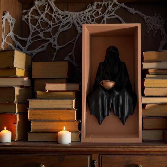 Sitting Grim Reaper Statue Spooky Bookshelf Decoration Gothic Black-Robed Man