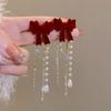 Burgundy Flocking Bow Pearl Fringed Earrings Femininity Advanced Autumn and Winter Earrings Light Luxury Long Earrings