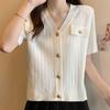 Women Sweaters Cardigans 2025 Summer Short Sleeve V-Neck White Knitted Black Sweater Women Tops Cardigan JJ237