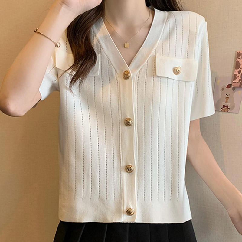 Women Sweaters Cardigans 2025 Summer Short Sleeve V-Neck White Knitted Black Sweater Women Tops Cardigan JJ237