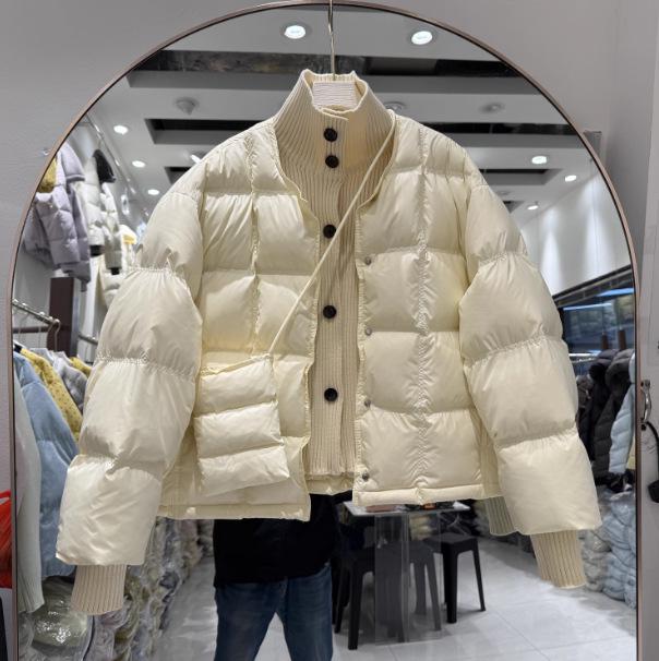 Korean Style Women's Stand Collar Short Down Jacket - Patchwork Knit, Warm and Versatile Winter Coat