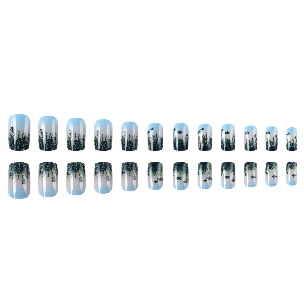 Spring-Summer Gradient Seaweed Blue-Green Square Nail Art Set - 24 Detachable Pieces