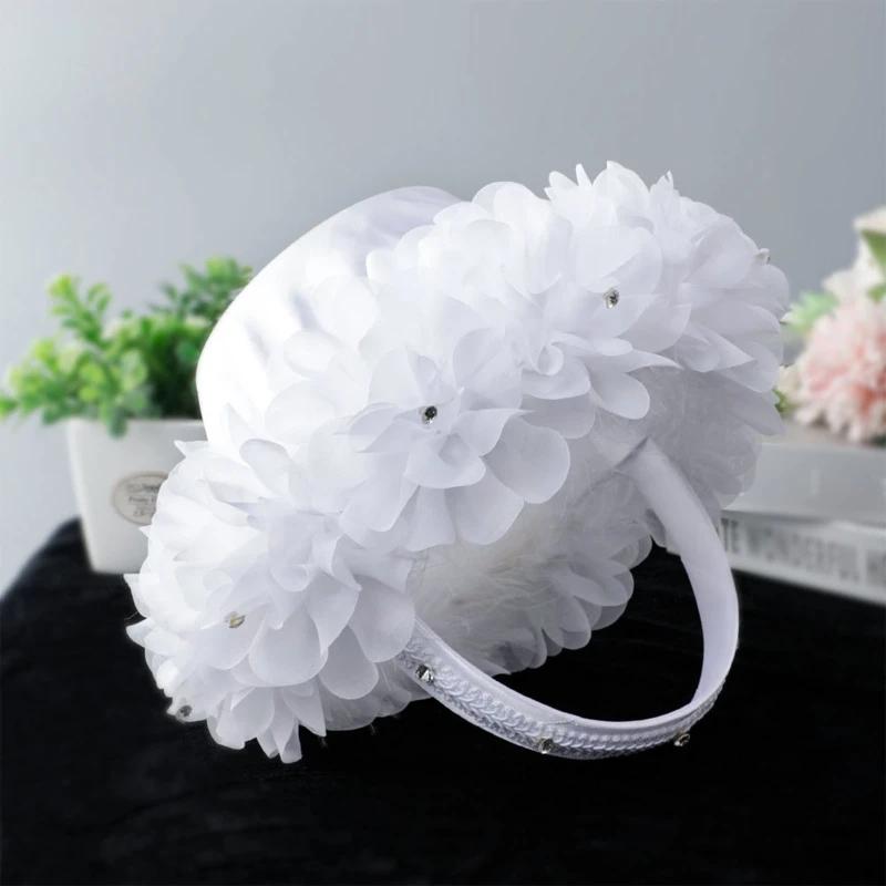 Flower Girl Basket White Small Cloth Baskets with Faux Lace Flowers Decor for Wedding Ceremony Party Desktop Decor