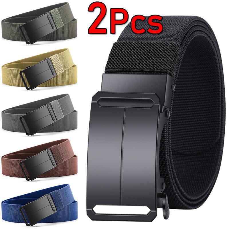 Metal Automatic Buckle Elastic Canvas Belt for Men Durable Stretch Tactical Waistband for Outdoor Training, Hunting Casual Pants