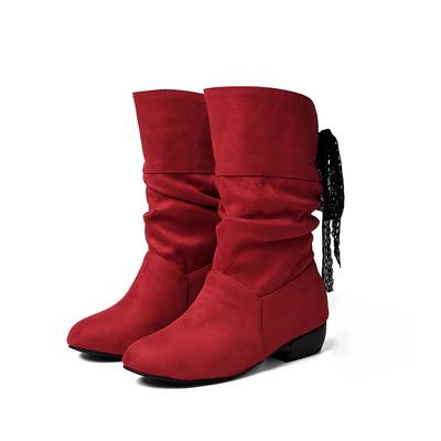 Spring Red Black Women Mid Calf High Boots Round Toe Med Chunky Heel Big Size 47