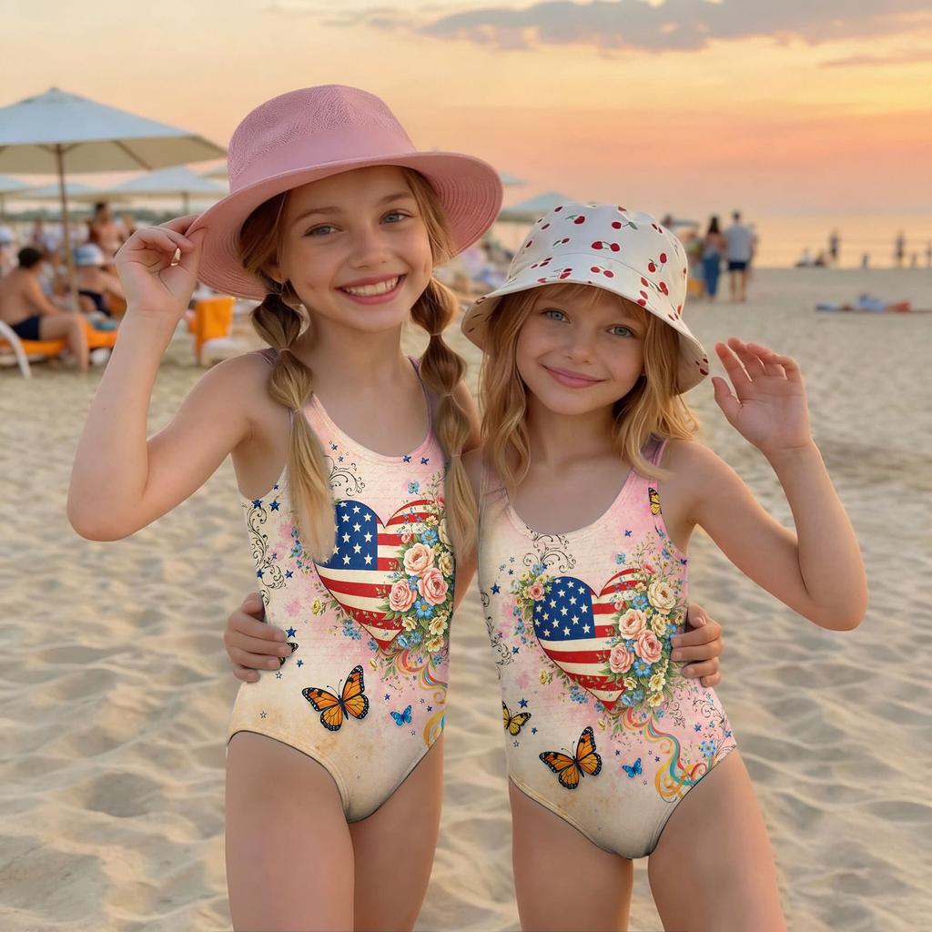 Mädchen Badeanzug Einteiler Unabhängigkeitstag Print Ärmellos Lässig Badebekleidung für Kinder Sommer Strand Pool Kleidung