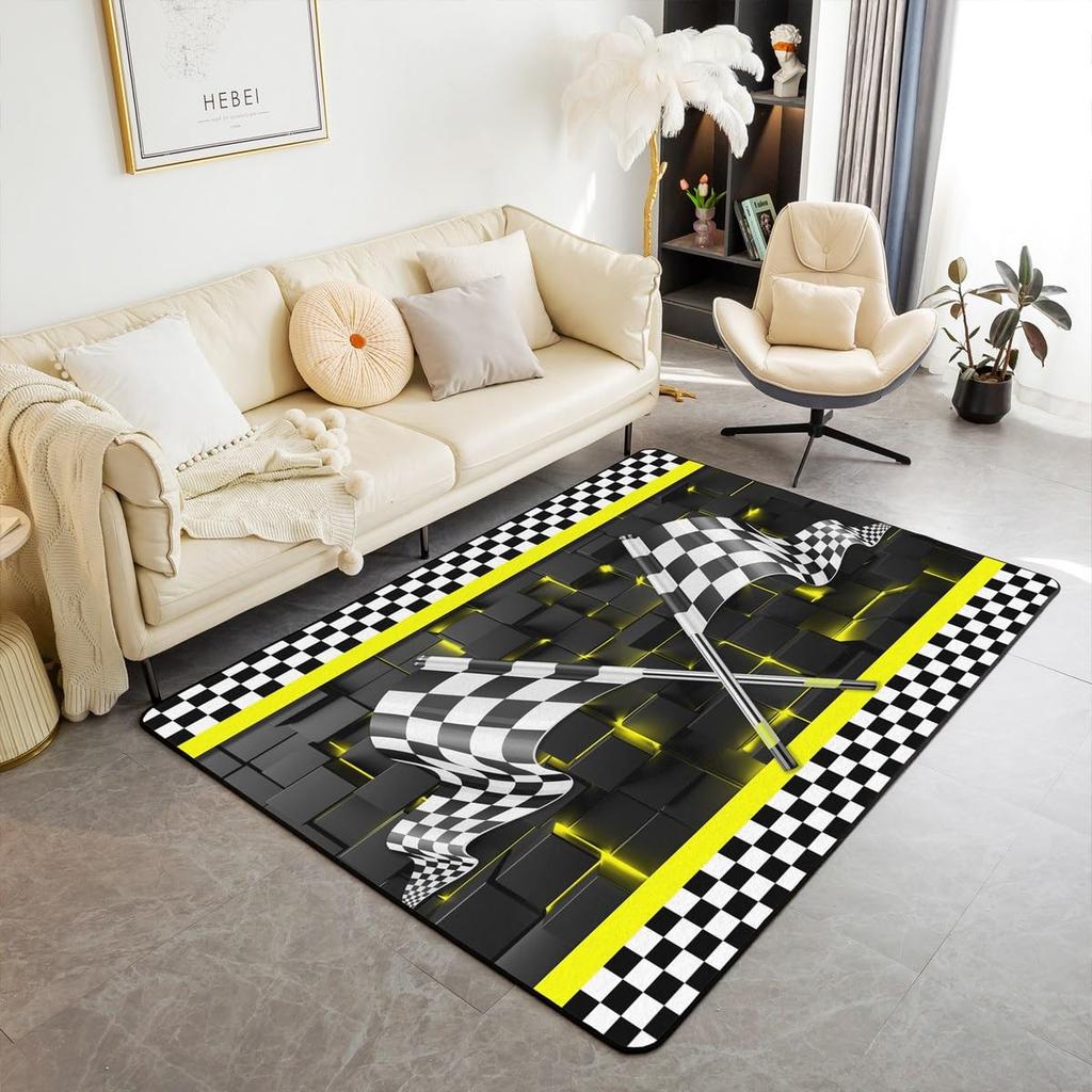 Erosebridal Racing Flag Non Slip Rug 3x5 for Boys Men,Race Car Theme Area Rug,Yellow Glowing Checkered Indoor Floor Mat,Black White Plaid Gr