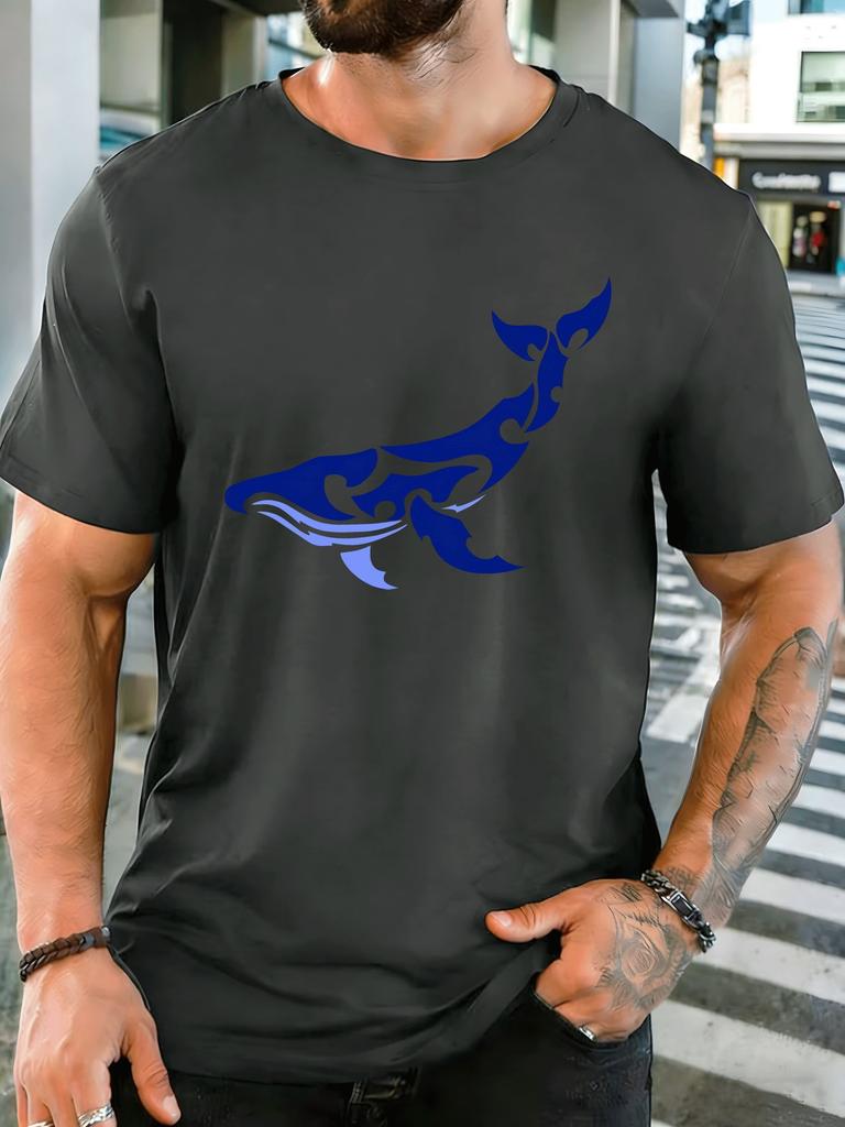 Unisex Crew Neck Tee Tribal Style Blue Whale Silhouette Print Short Sleeve Top Summer Daily Outdoor Loose Soft Casual Basic Wear
