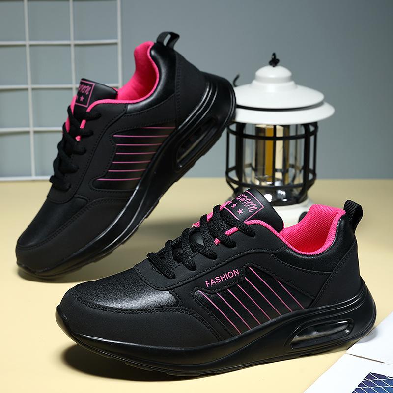 Women's Autumn Leather Sneakers Black Casual Shoes Woman Lace Up Flats Lightweight Anti-slip Black Running Shoes Outdoor Sports