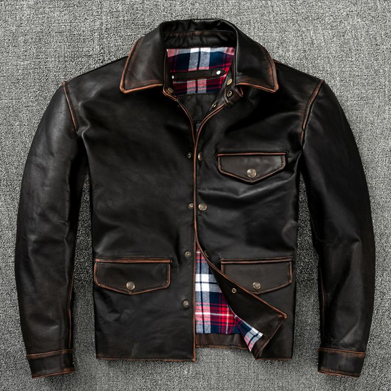 Top Layer Tea Core Horse Leather Genuine Leather Jacket for Men Slim Dispatcher Casual Jacket