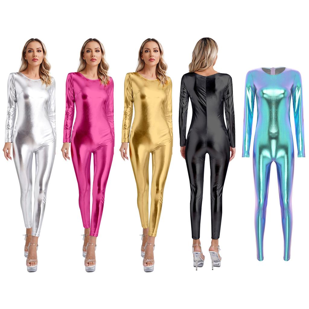 Womens Metallic Bodysuit Shiny Unitard Long Sleeve Round Neck Full Coverage Slim Fit Dance Performance Wear