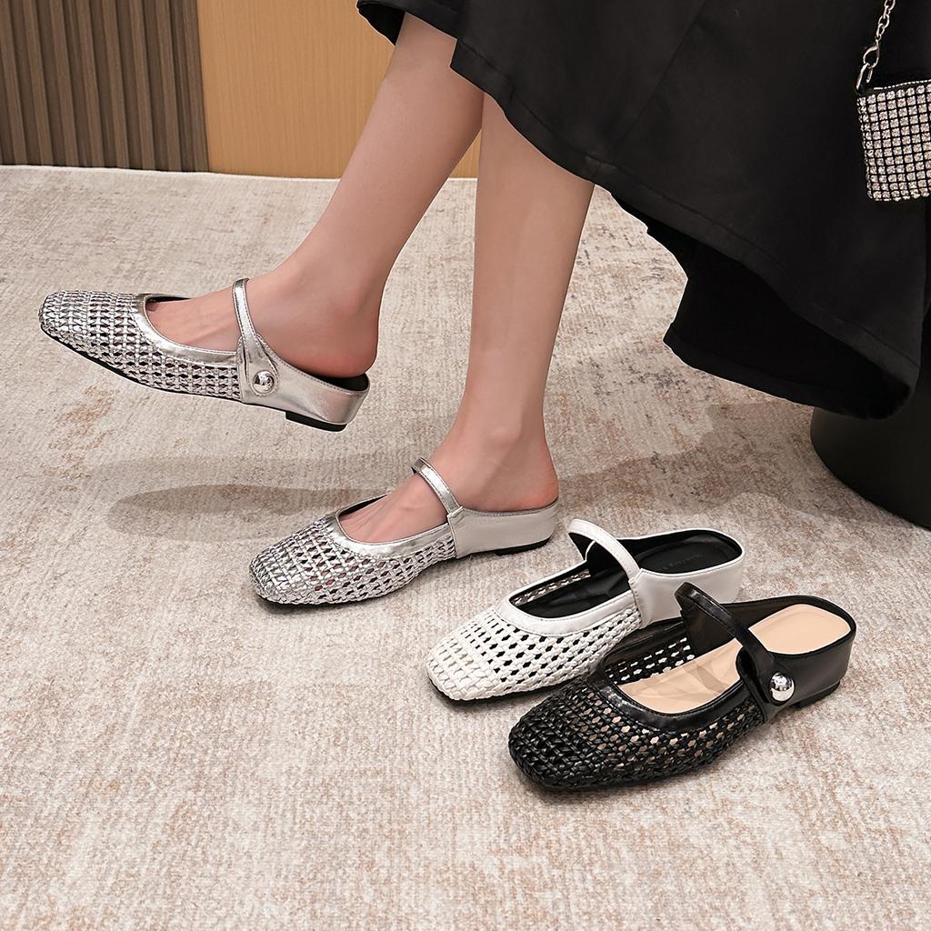 796-19 Square head woven hollow and breathable inner height increase rear empty single shoes women's spring and summer word with casual flat shoes