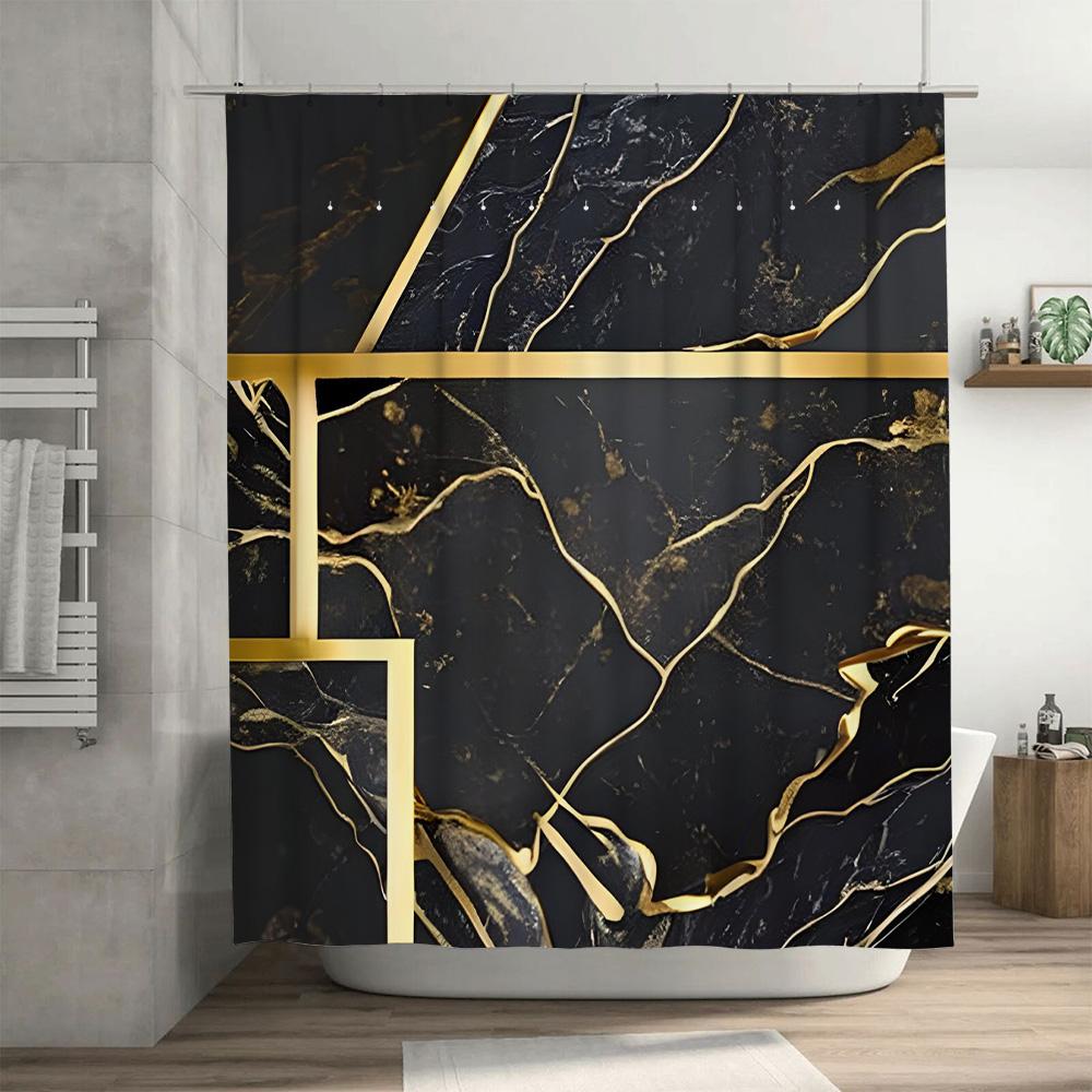 Luxury Marble Shower Curtain with Gold Accents for Bathroom Decor Modern Design in Black and White
