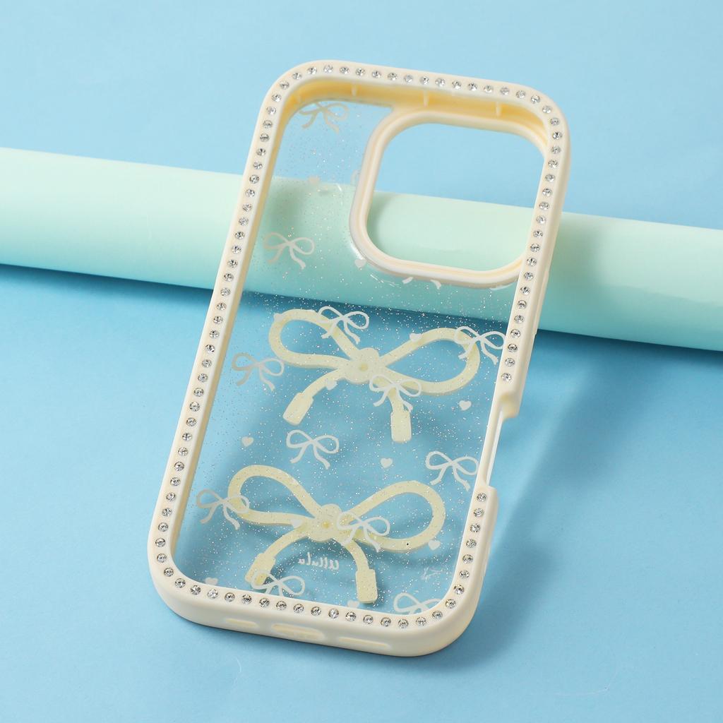 Für iPhone 16 Pro Hülle Zwei Schleifen Epoxid Design TPU+PC Handy Rückseite Strass Dekor