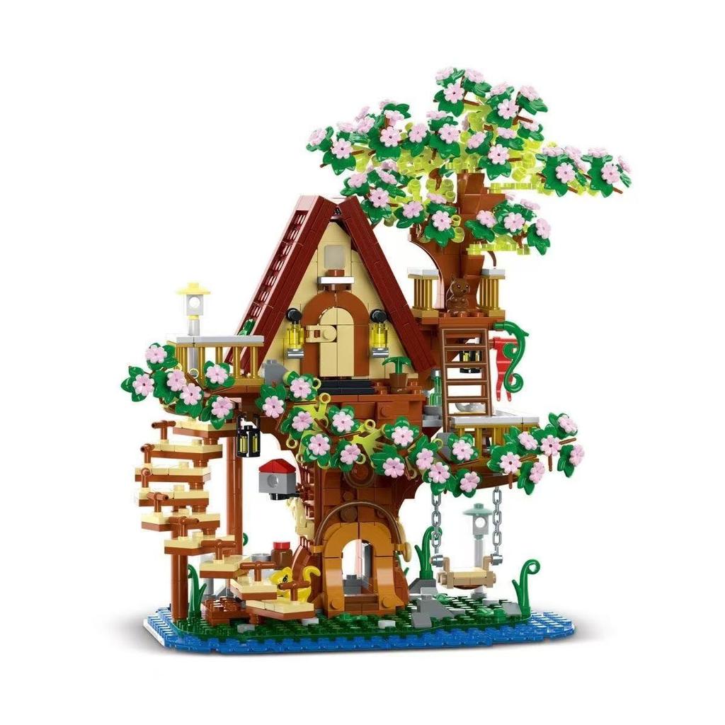 New 959PCS Cherry Blossom Flower Sakura Fantasy Treehouse MOC Architecture Model Assembly Building Block Puzzle Gift for Kid