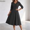 ZANZEA Abito casual a trapezio con vita sottile e mezza manica con scollo a V da donna