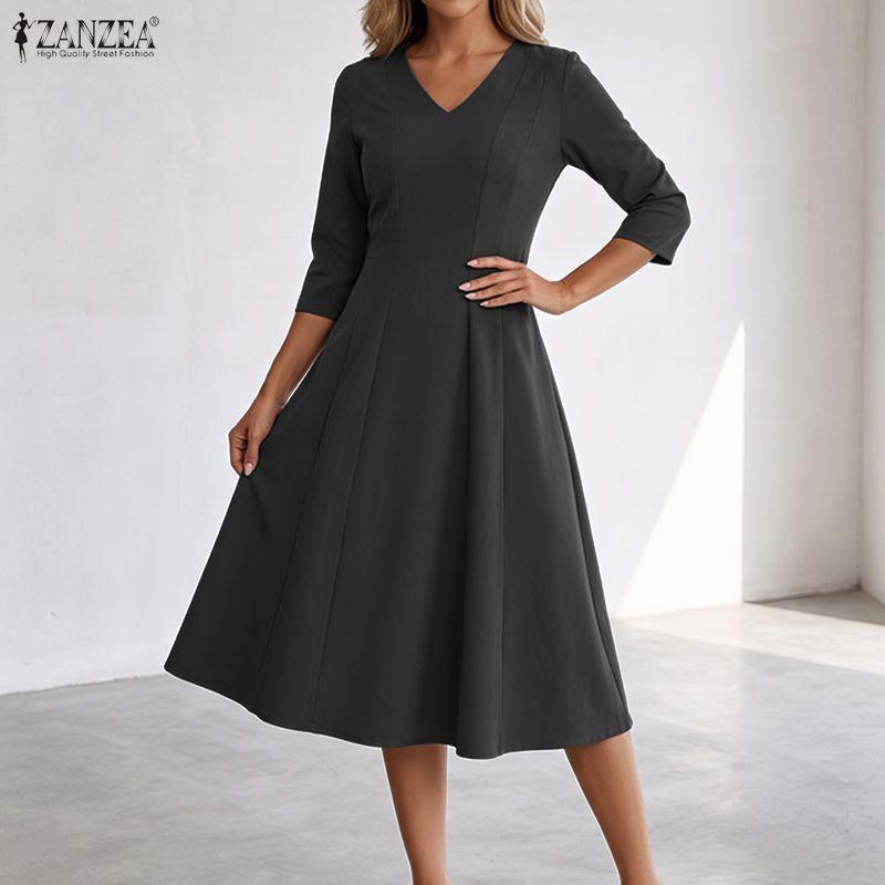 ZANZEA Abito casual a trapezio con vita sottile e mezza manica con scollo a V da donna