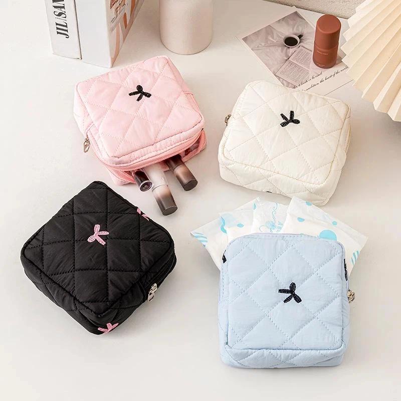 Mini Cosmetic Bag Lightweight Quilted Bow Embroidery Zipper Closure Portable Makeup Organizer for Vacation Travel Daily Use