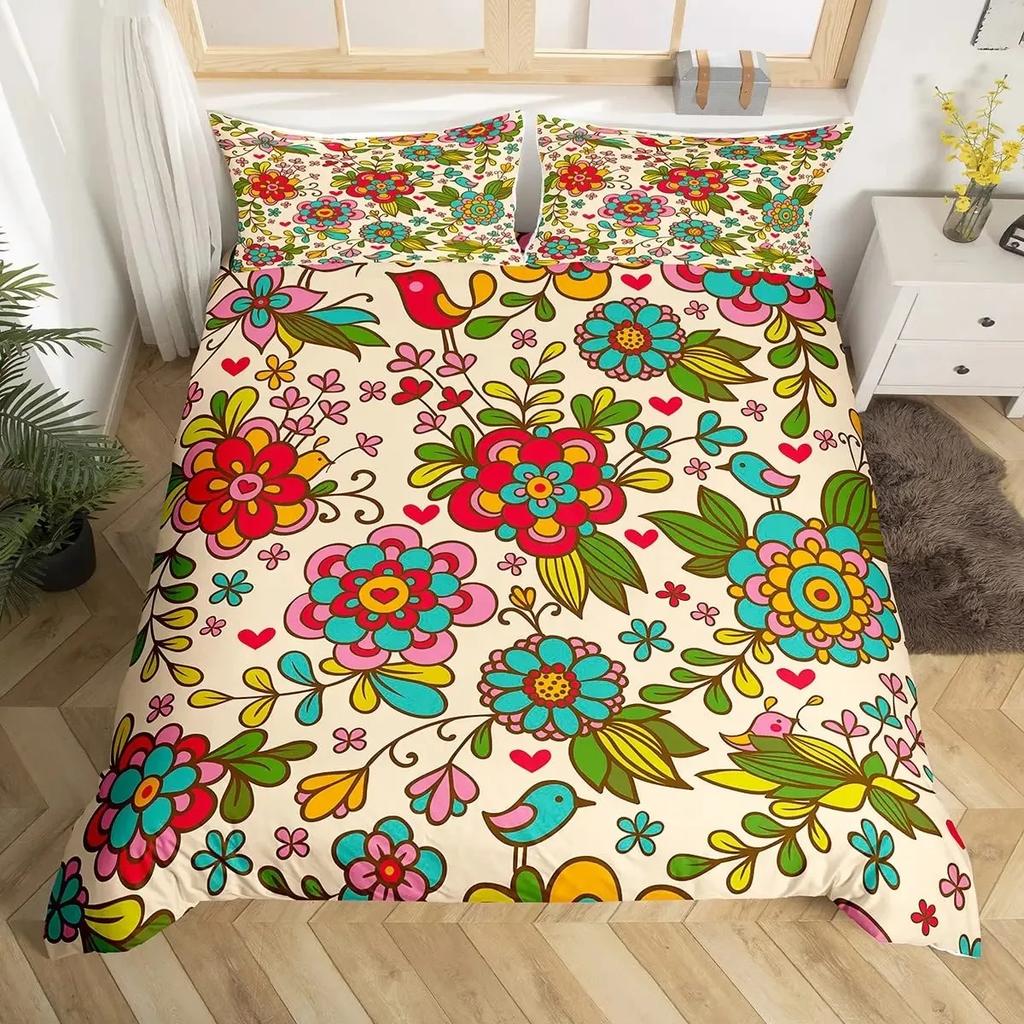 Retro 70er Jahre Hippie Stil Bettbezug Set Queen, Psychedelisches Pilz Bettwäsche Set Regenbogen Blumen Sterne Mond Bettdeckenbezug