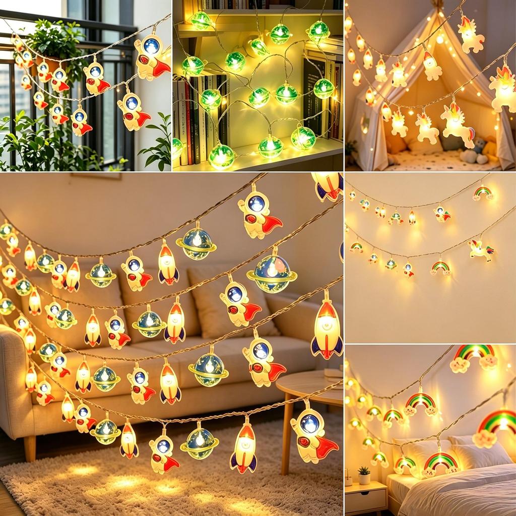 Astronaut Rocket LED String Lights for Kids' Bedroom Decor