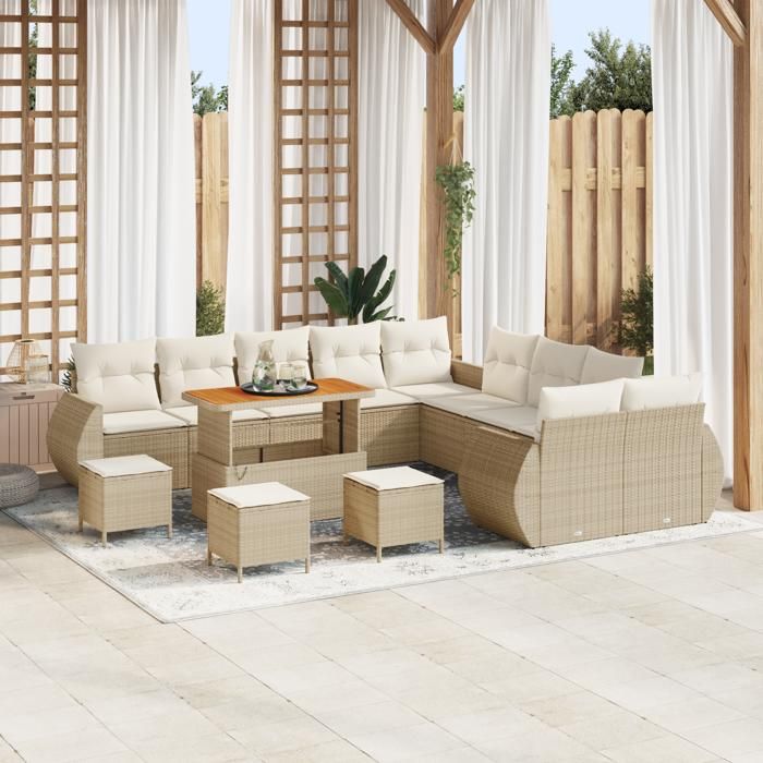 VidaXL Ensemble de Canapés Jardin 14 Pièces avec Coussins Beige Poly Rotin Acacia 3361941