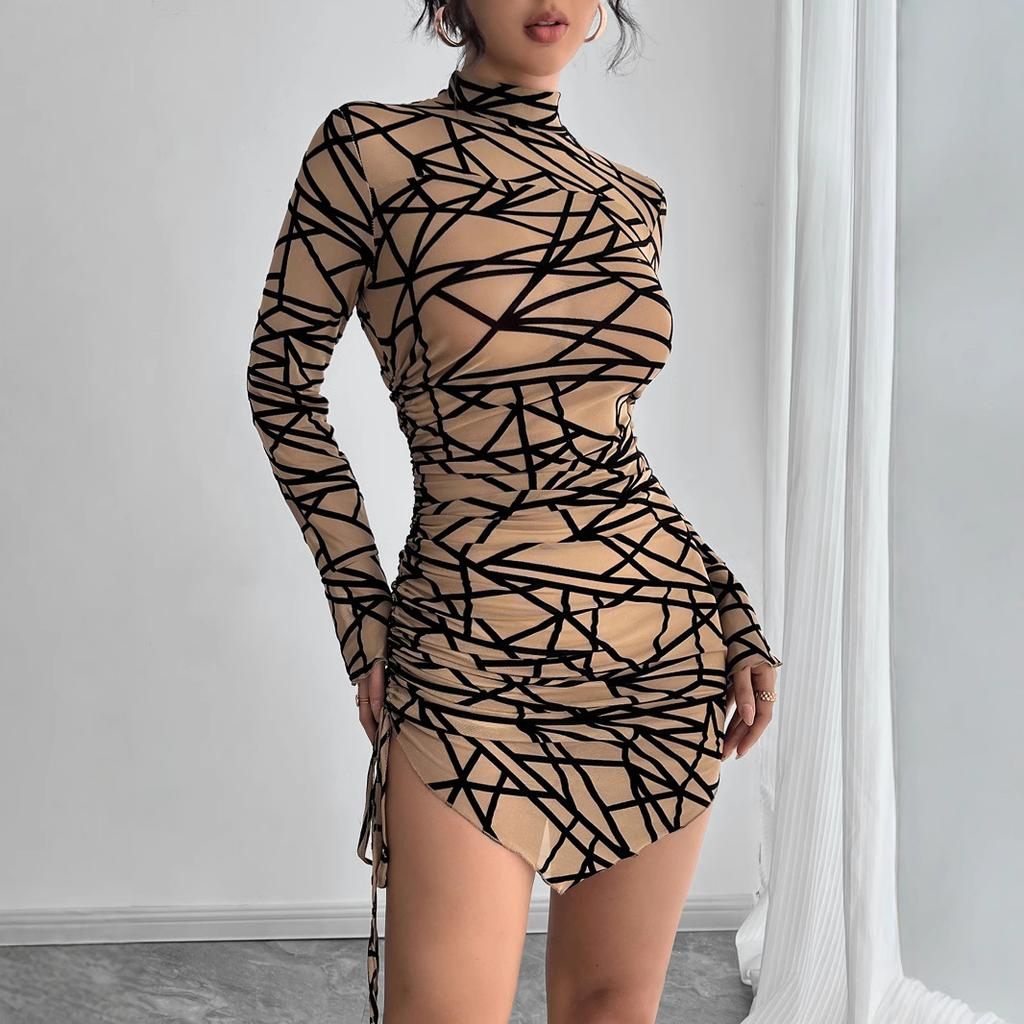Autumn Winter Women Slim Fit Side Drawstring Small Stand Collar Long Sleeve Irregular Mini Dress Mature Style Retro Sexy Elegant Women Dress