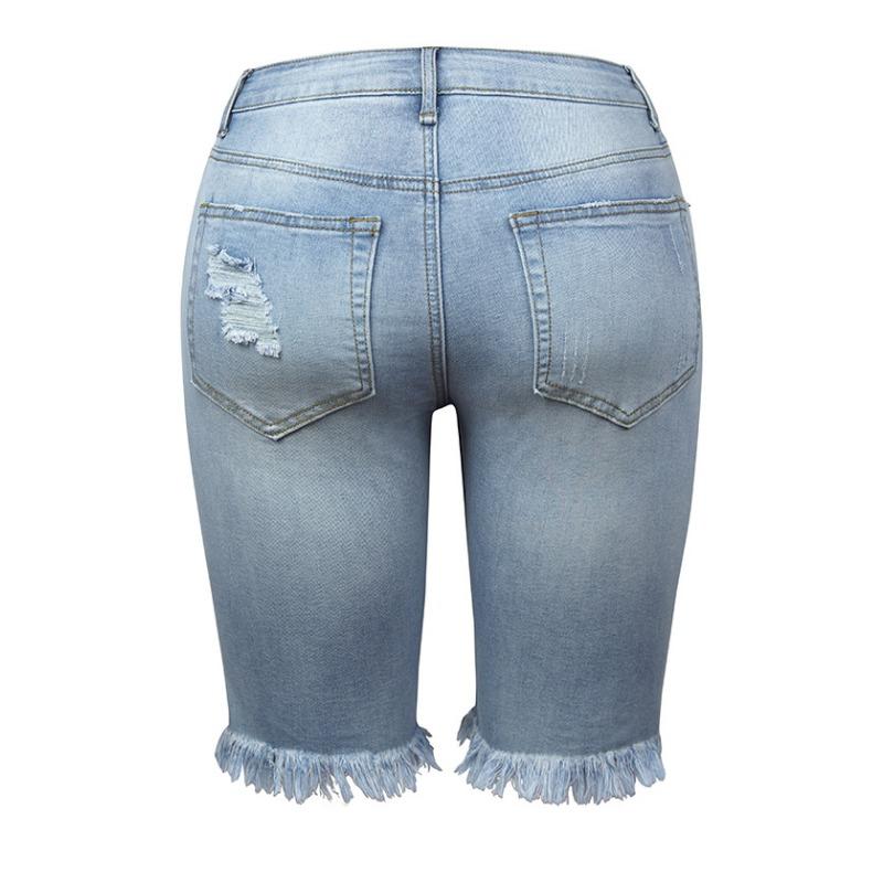 Fringed High-stretch Little Leg Pants Mid-waist Quarter Pants Ripped Jeans Woman