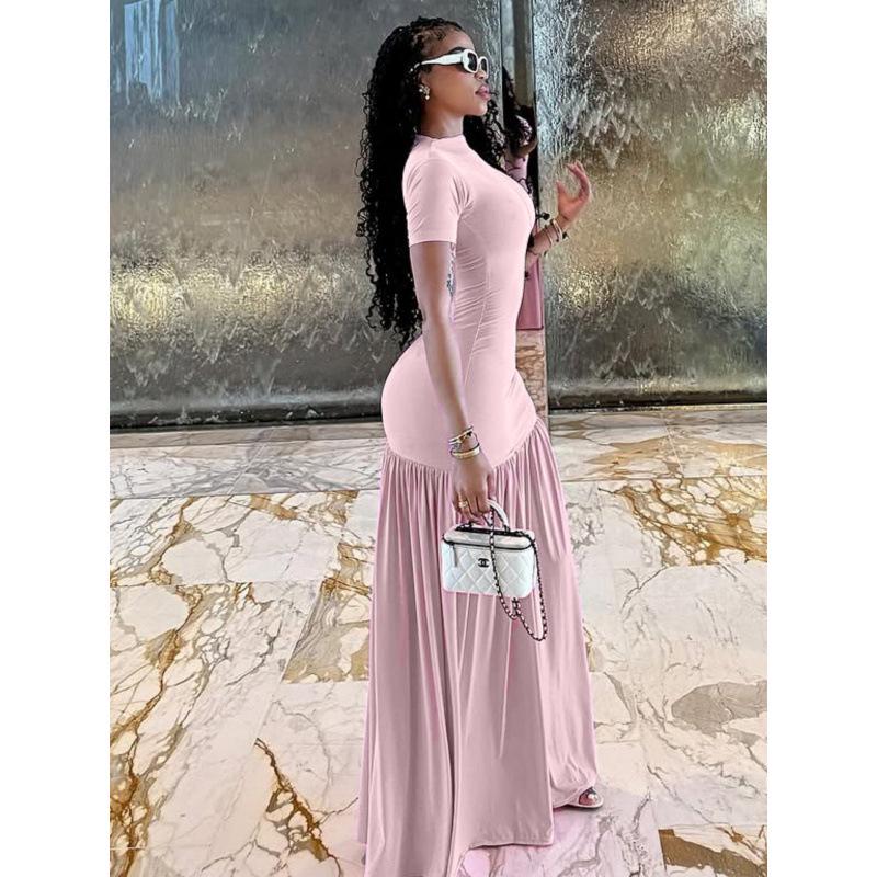 2026 European Women's Slim Fit Patchwork Dress - Fashionable Summer Round Neck with Slit