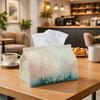 2D Flat, Modern Pastel Botanical Fiber Tissue Box with Meadow Grass and Flowers Design, Rectangular, Suitable for Kitchen Countertops, Bedside, and Ca