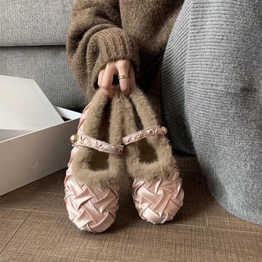 Wanwan Women s Furry Mary Jane Flats - AutumnWinter Warm Plush Cotton Shoes with Soft Sole 40 2743₽