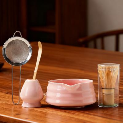 5pcs Matcha Whisk Set Ceramic Matcha Bowl and Whisk Set Traditional Japanese Matcha Tool Tea Ceremony Accessories Kit Pink