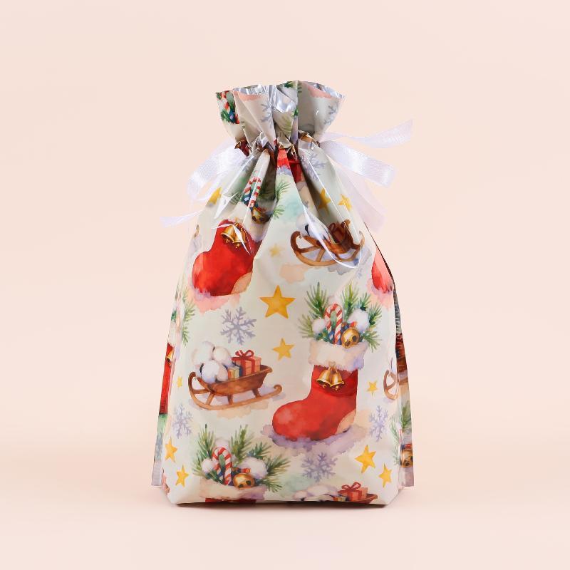Christmas Drawstring Gift Bags with Assorted Festive Patterns Self Standing for Home Xmas Party Treat Packing