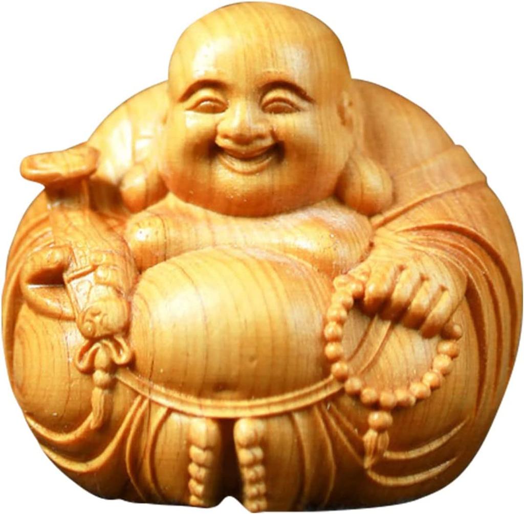 WOWTAC Hotei Seven Lucky Gods Boxwood Mini Hand-Carved Figurine, Buddha Statue Wooden Ornament, Good Fortune Money Luck Charm Amulet