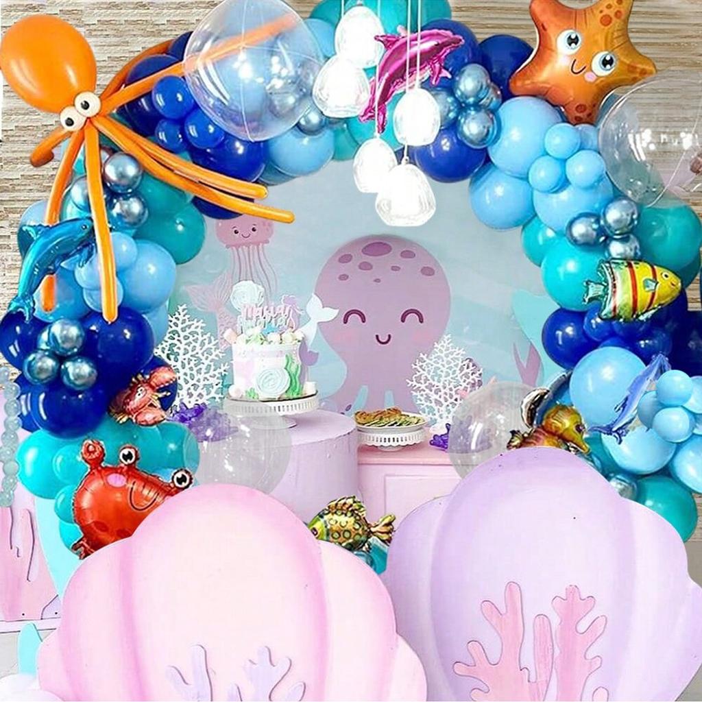 168 Pieces Ocean Theme Balloon Set Cartoon Fish Aluminum Foil Balloon Birthday Party Gender Reveals Aquarium Background Layout