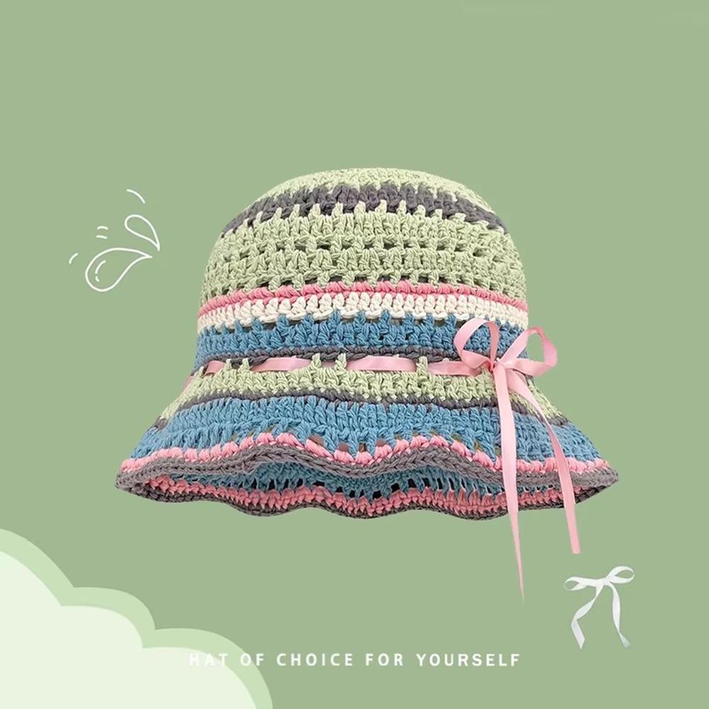 Handmade Knitted Bucket Hats Bow Ribbon Weave Hats Ins Hollow Basin Cap  Streetwear