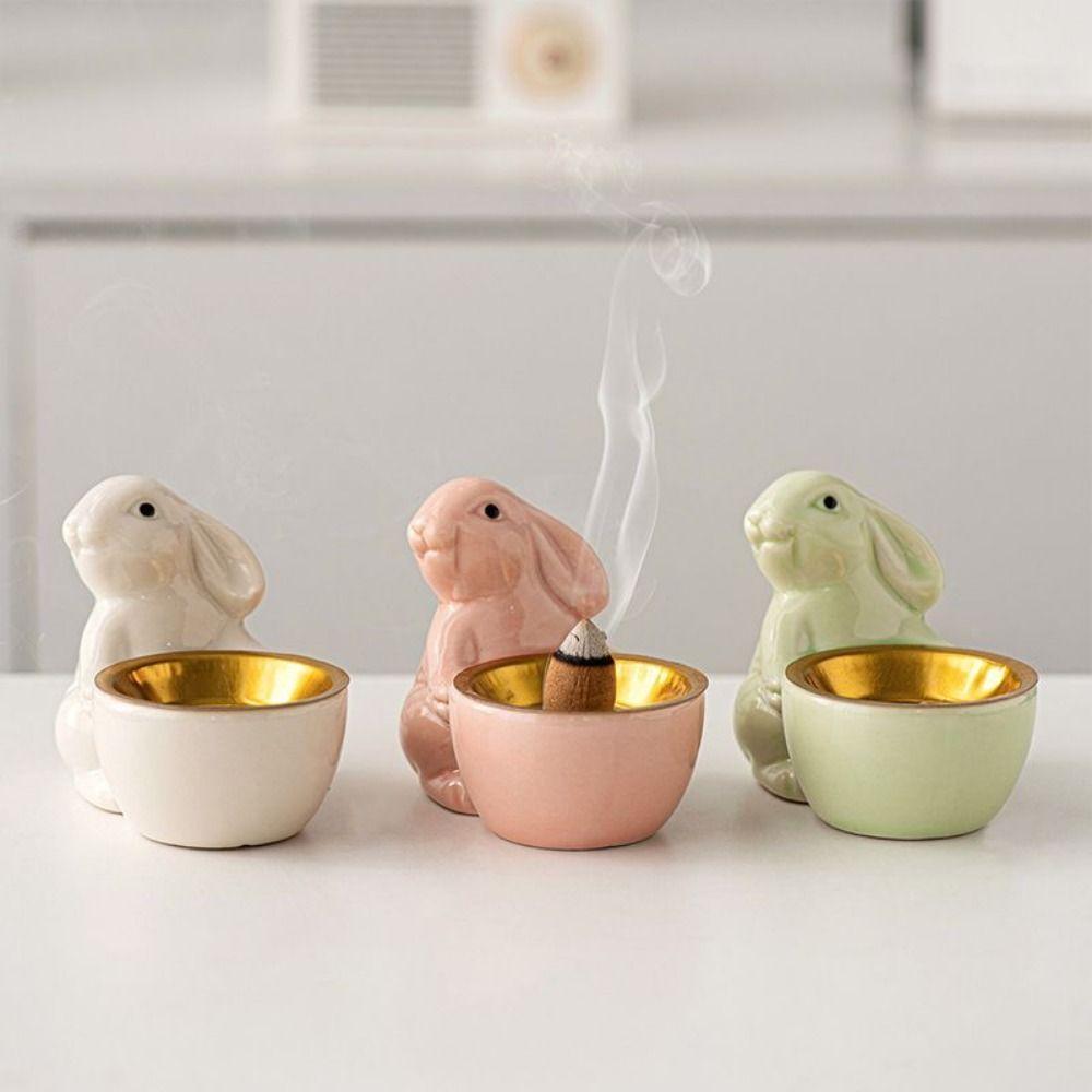Cute Rabbit Incense Holder Unique Ceramic Aromatherapy Tray Little Rabbit Incense Stove Gift