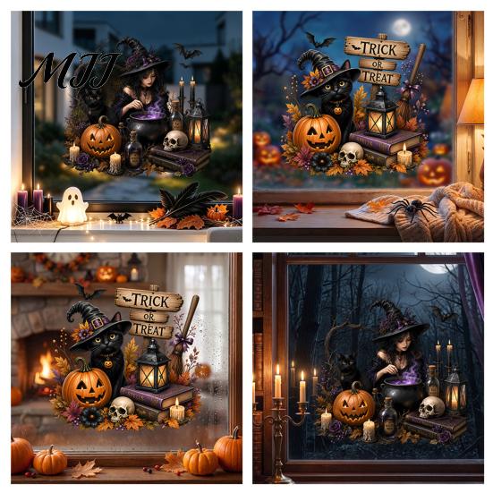 Witch Black Cat Pumpkin Skull Decals Halloween Witch/Black Glass Stickers, Double-sided PVC Waterproof Window Clings, Removable Static Holiday