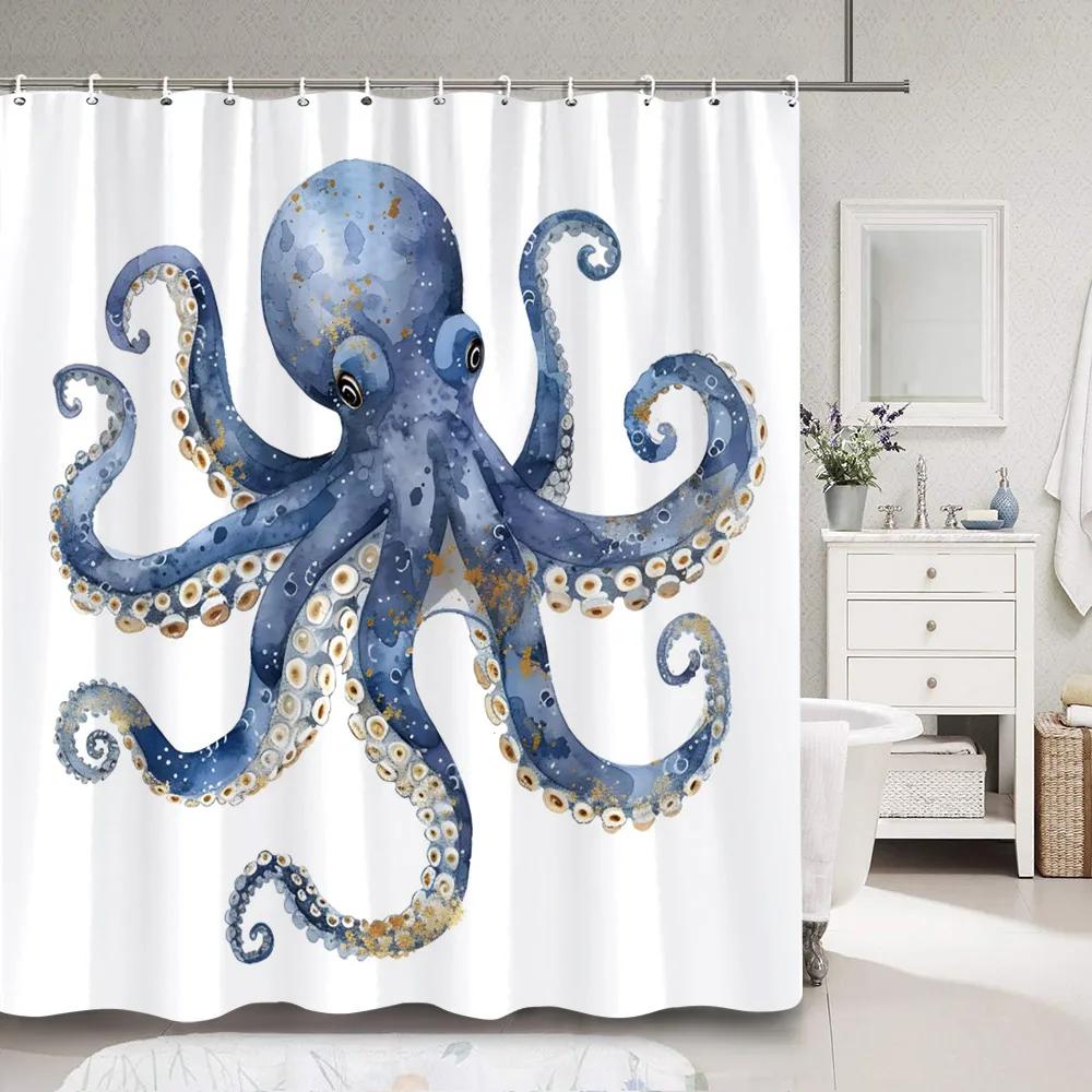 Horror Sea Monster Octopus Shower Curtain Dark Sailboat Ocean Vintage Pirate Ship Wave Polyester Shower Curtains Bathroom Decor