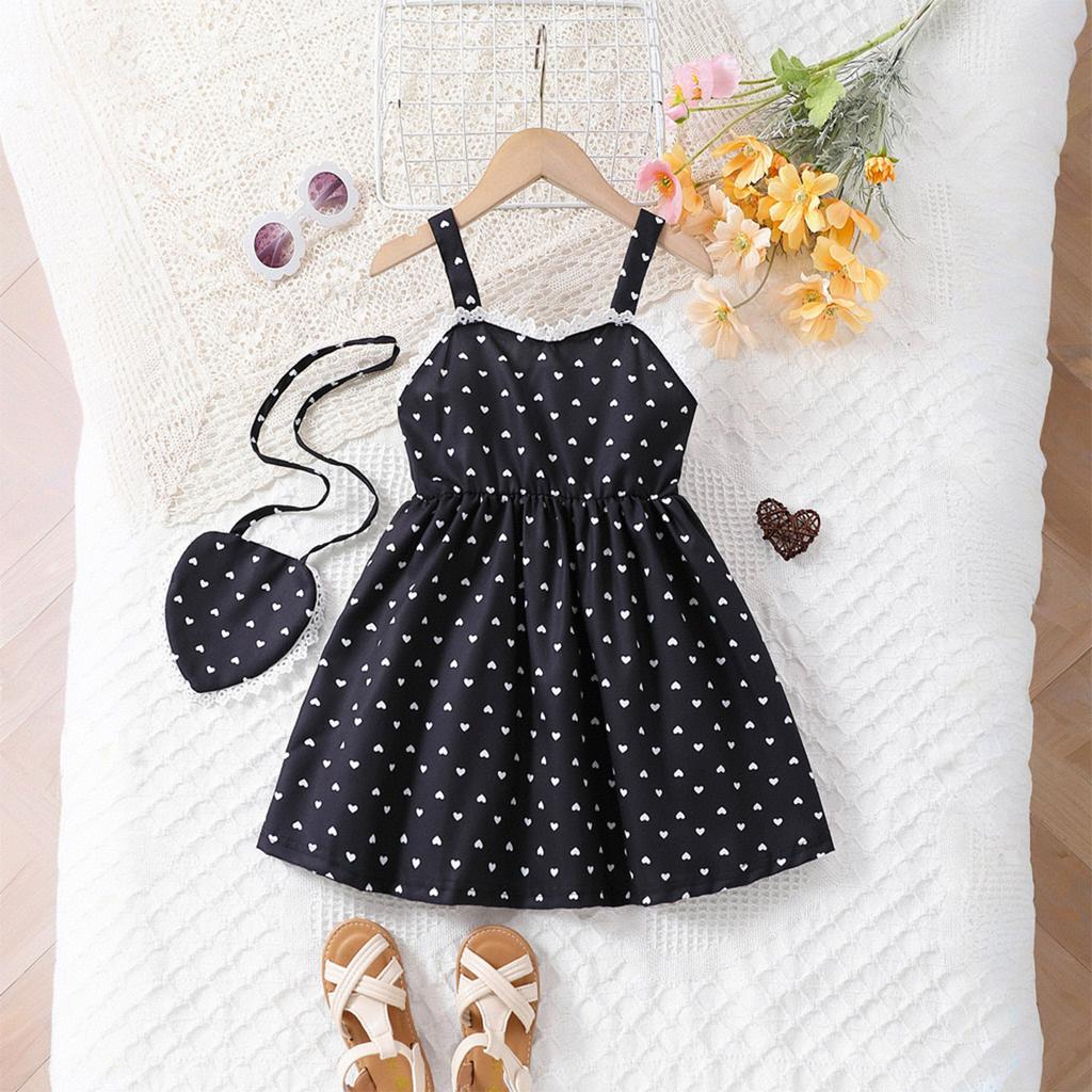 Dress For Girls 1-8Y Birthday Korean Style Fashion Lace Trim Heart Pattern Dress with Matching Bag