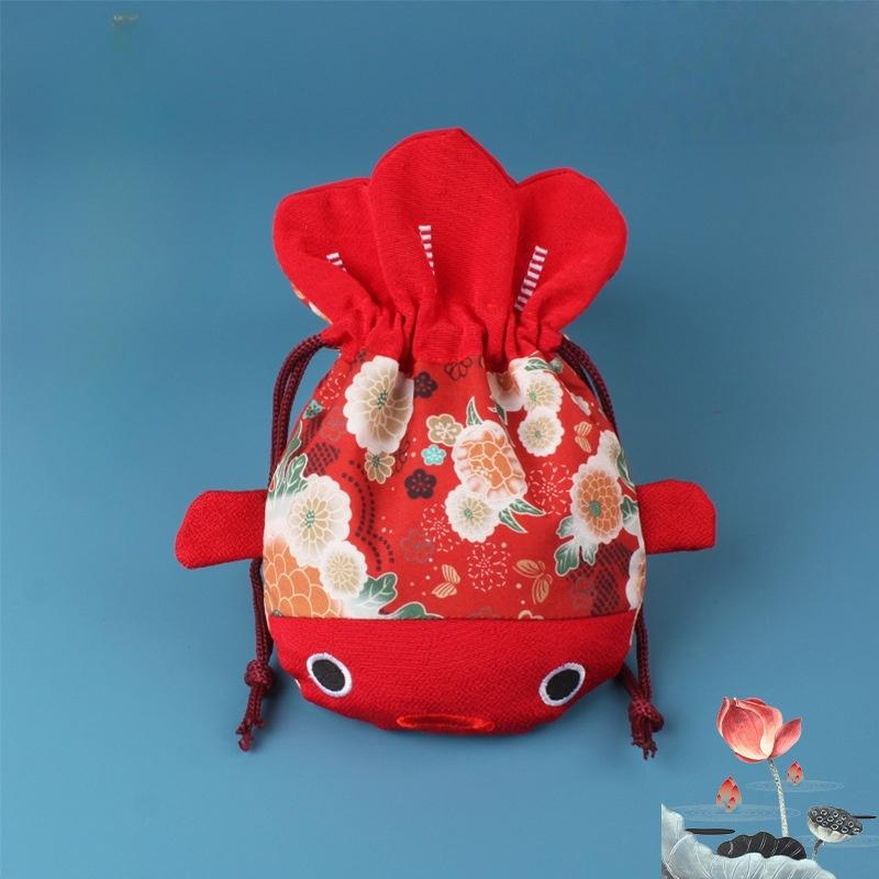 Cartoon Canvas Flower Drawstring Bag New Year Large Capacity Gold Fish Shape Handbag Coin Purse Wedding Candy Bag